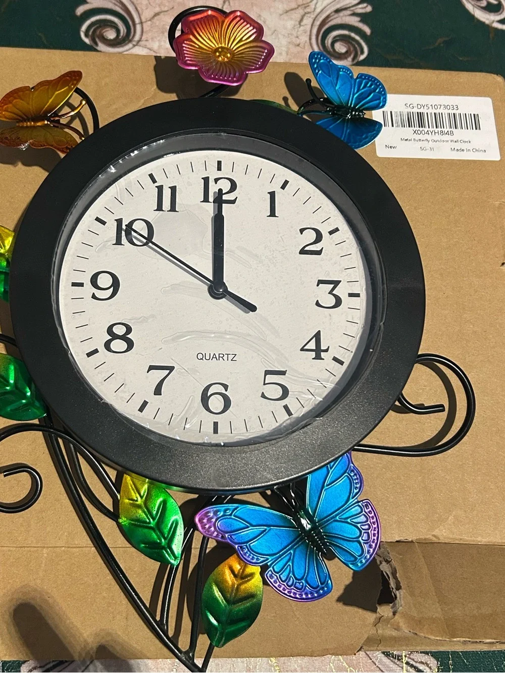 Metal butterfly outdoor wall clock Black Round with Multicolor Butterfly Accents
